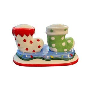 Kirkland's Ceramic Christmas Stocking Salt and Pepper Shakers With Stand
